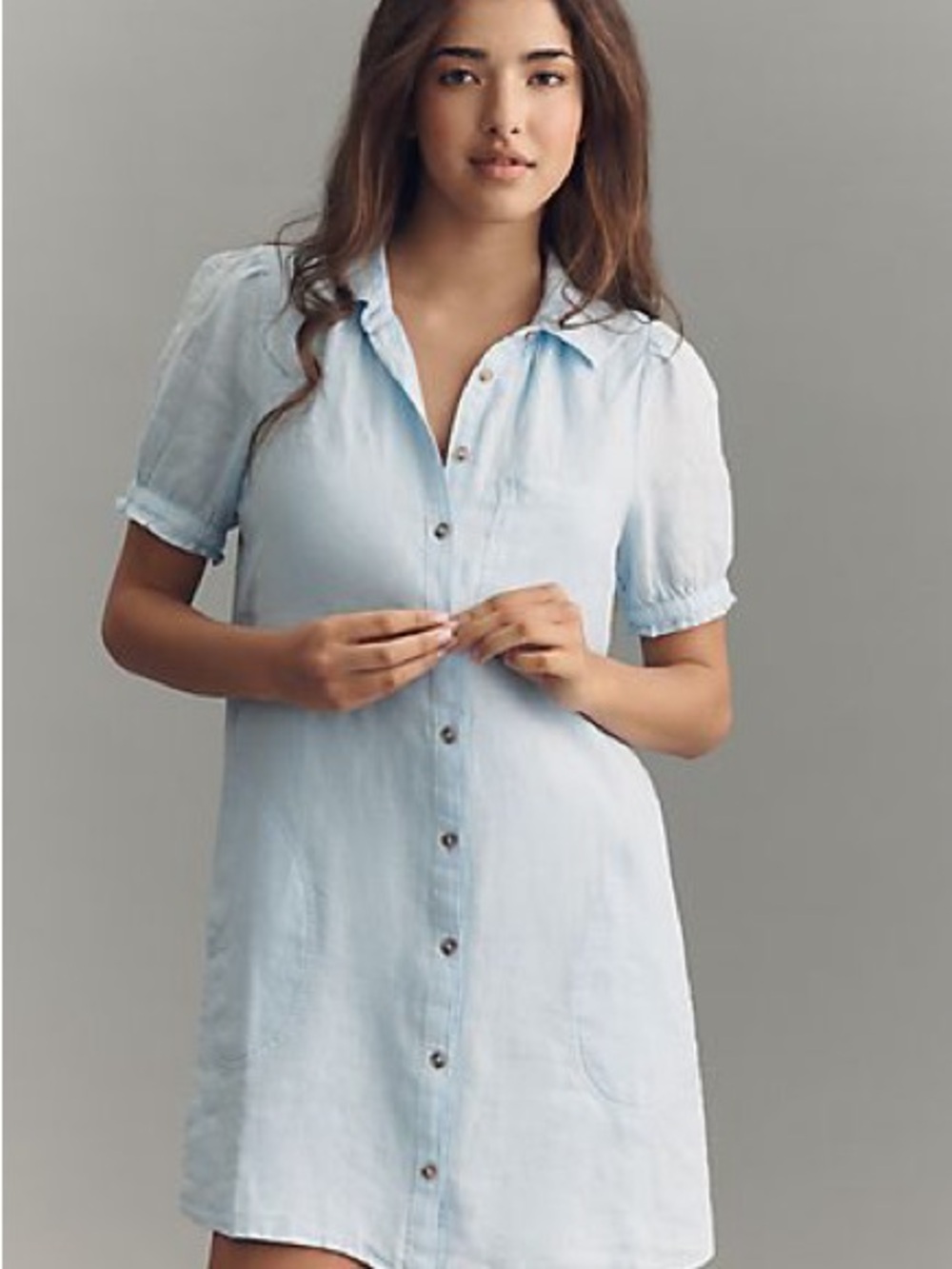Aly puff sleeve mini shirt dress by Pilcro-Light Blue Button-up with pockets